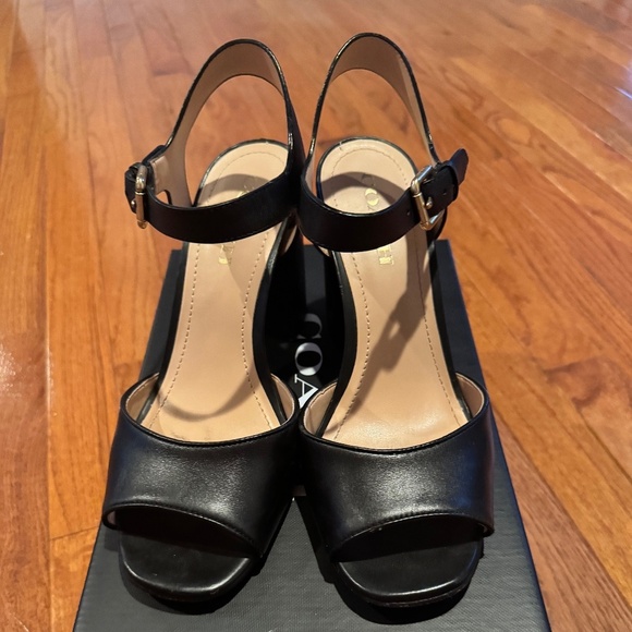 Authentic Coach Marla Black Leather Sandals Size 9 3.5 heel height - Picture 1 of 5